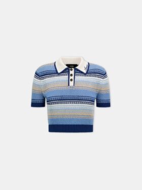 WOMEN'S STRIPED CROCHET MESH POLO