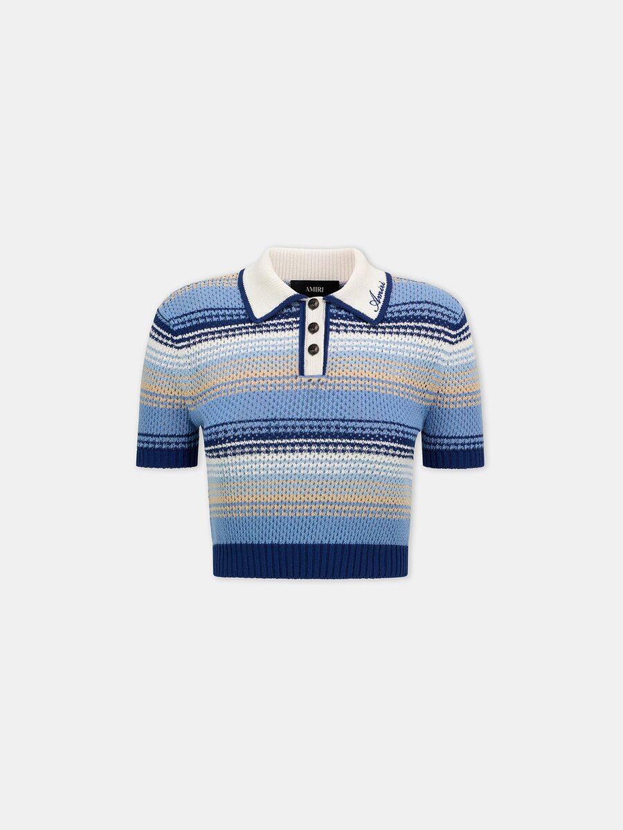 WOMEN'S STRIPED CROCHET MESH POLO